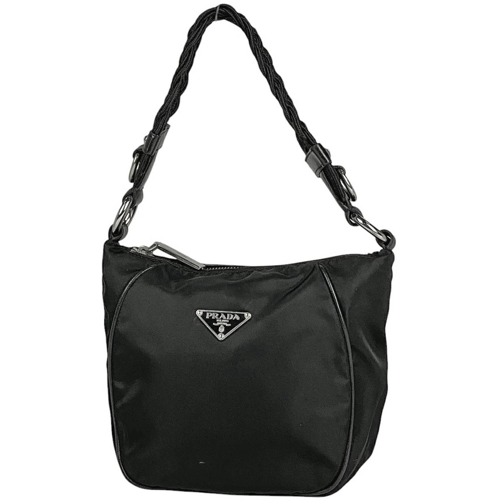 Prada Logo Plate Handbag Woven Nero Black